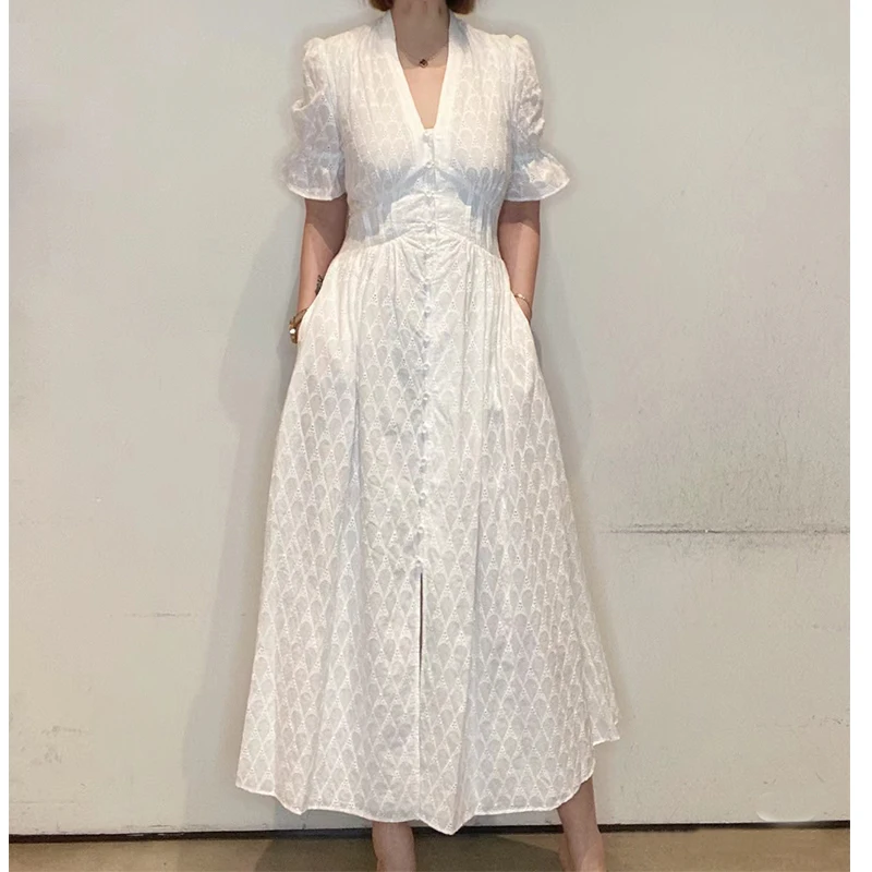 

Short Sleeves V Neck White Cotton Hollow Out Midi Dress US 2-US 12