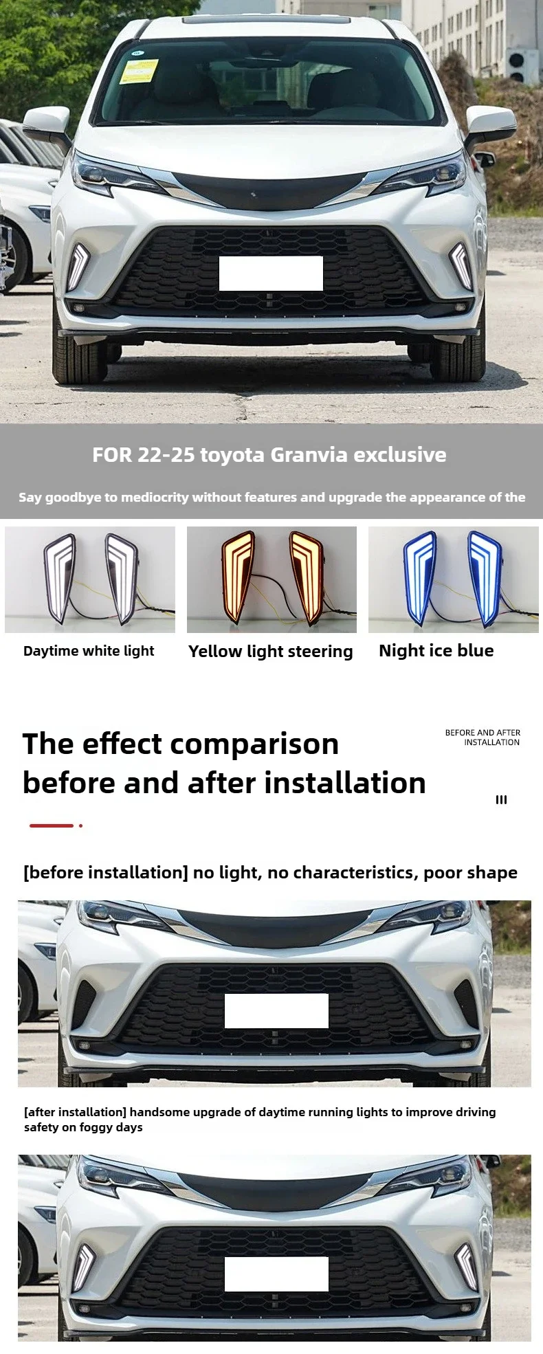 DRL Car Led Daytime Running Lights For Toyota Granvia 2022-2025 Dynamic Turn Signal DRL Front Fog Lamp 12V Daylights Night Blue detail image 1