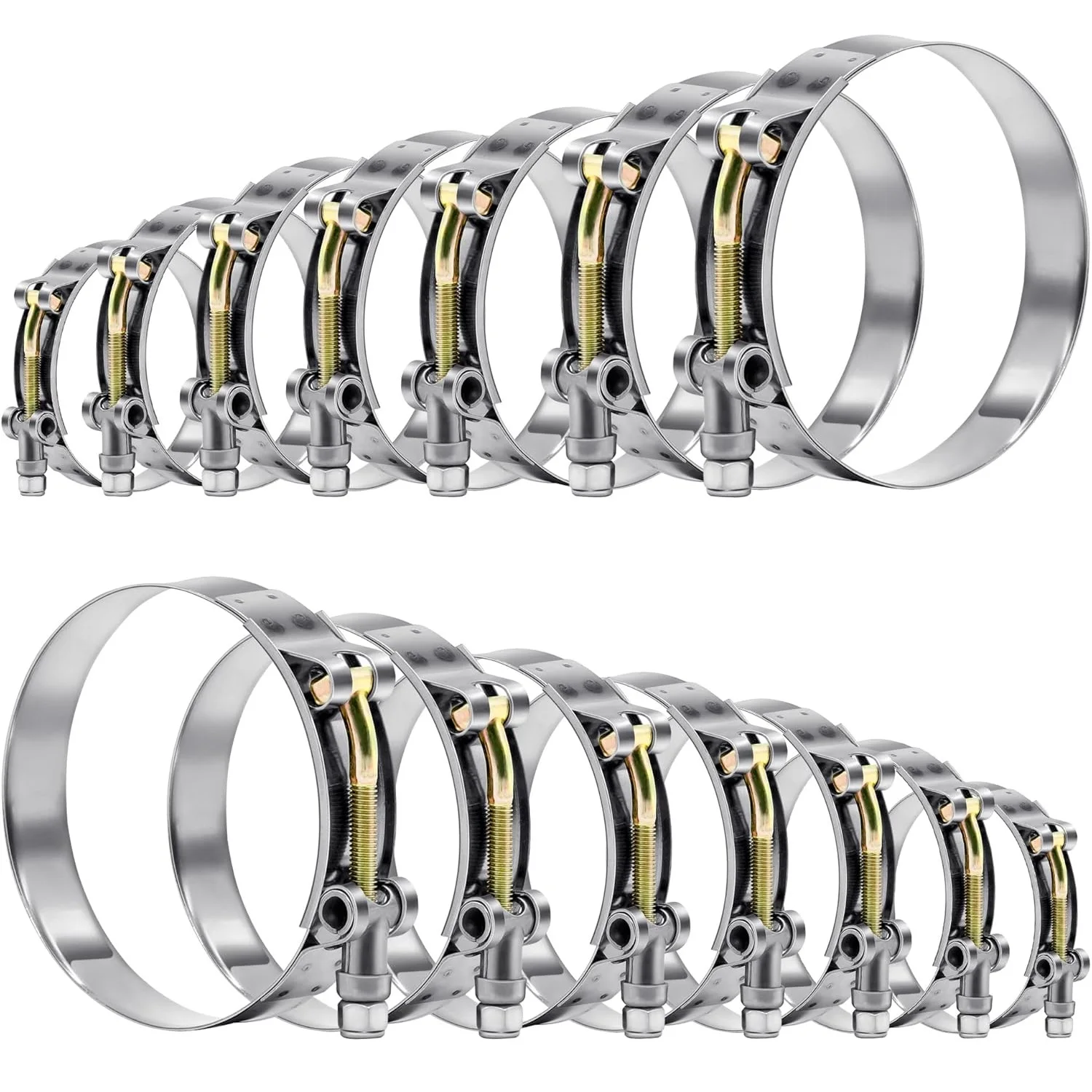 14Pcs 7 Sizes T-Bolt Hose Clamps 304 Stainless Steel Turbo Intercooler Clamp 32-91mm Welding Exhaust Clip Adjustable Metal Clamp