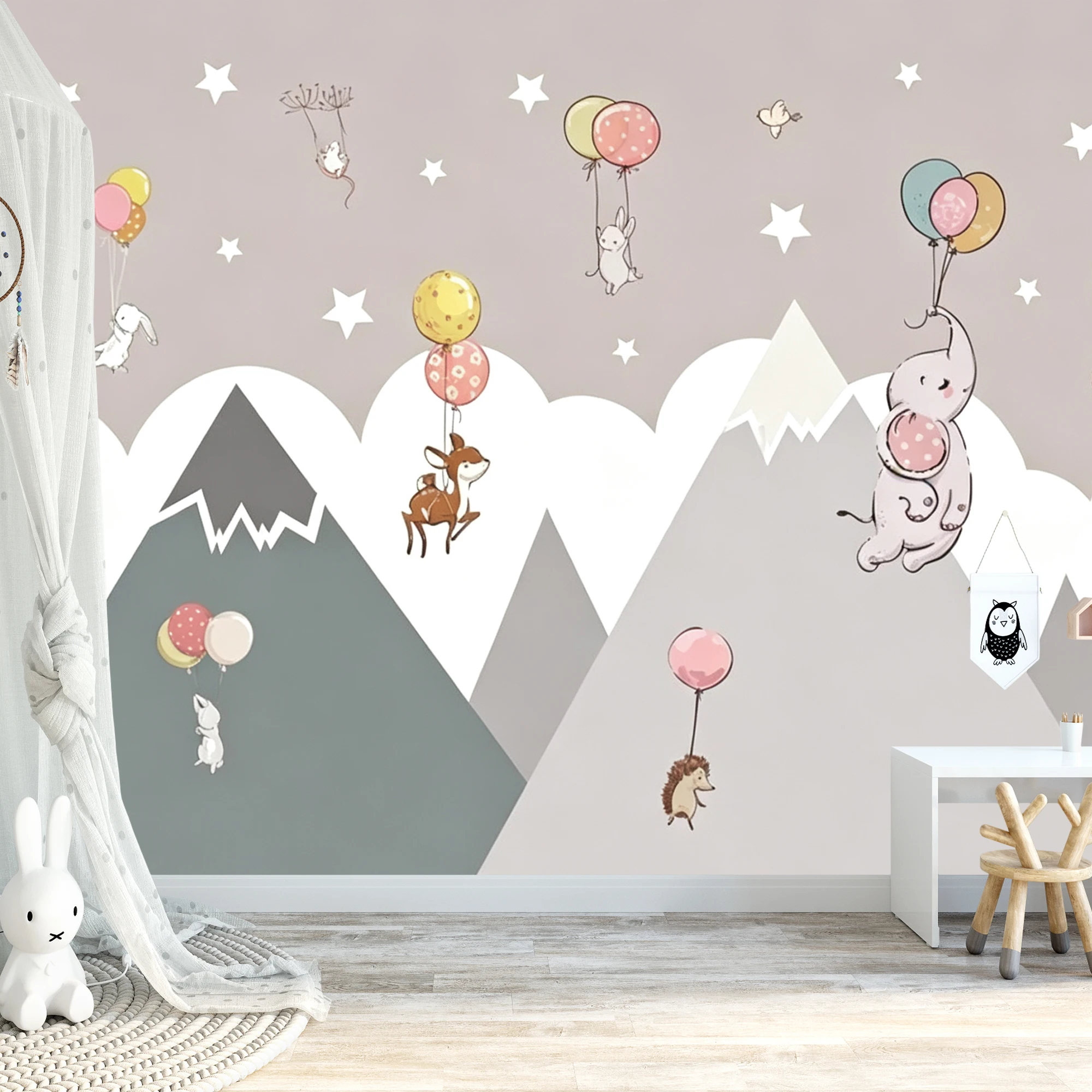 Custom Kids Wallpaper Cute Elephant Deer Fox Rabbit Balloon Mountain Star Cloud Mural for Baby Nursery Bedroom Wall Decor
