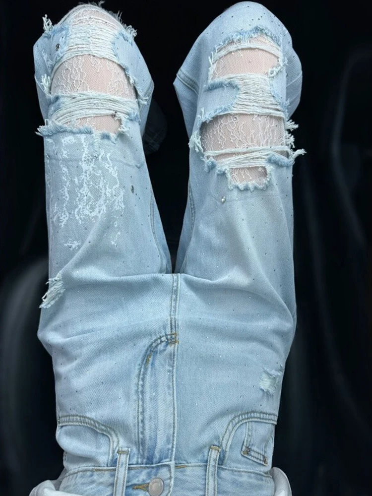Nicemix Subculture Girai Kei Harajuku Patchwork High Waist Distressed Jeans With Lace Gothic Unique Beautiful Wide Leg Jeans