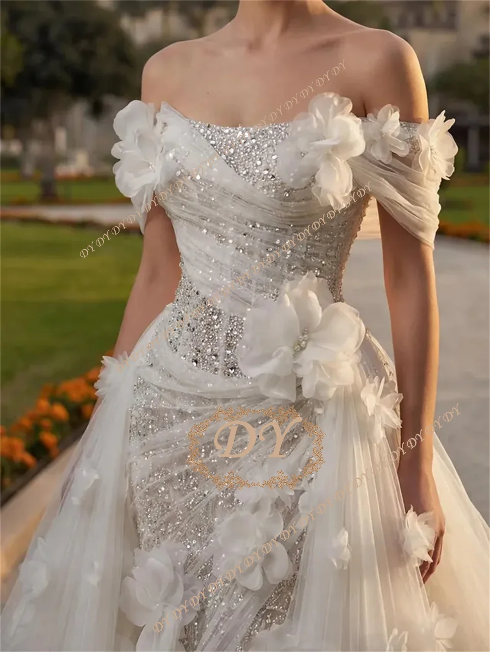 DY Simple Off The Shoulder Beaded Mermaid Wedding Dress Elegant Appliques Pearls Bridal Gown Sweep Train Bride Dresses Customiz