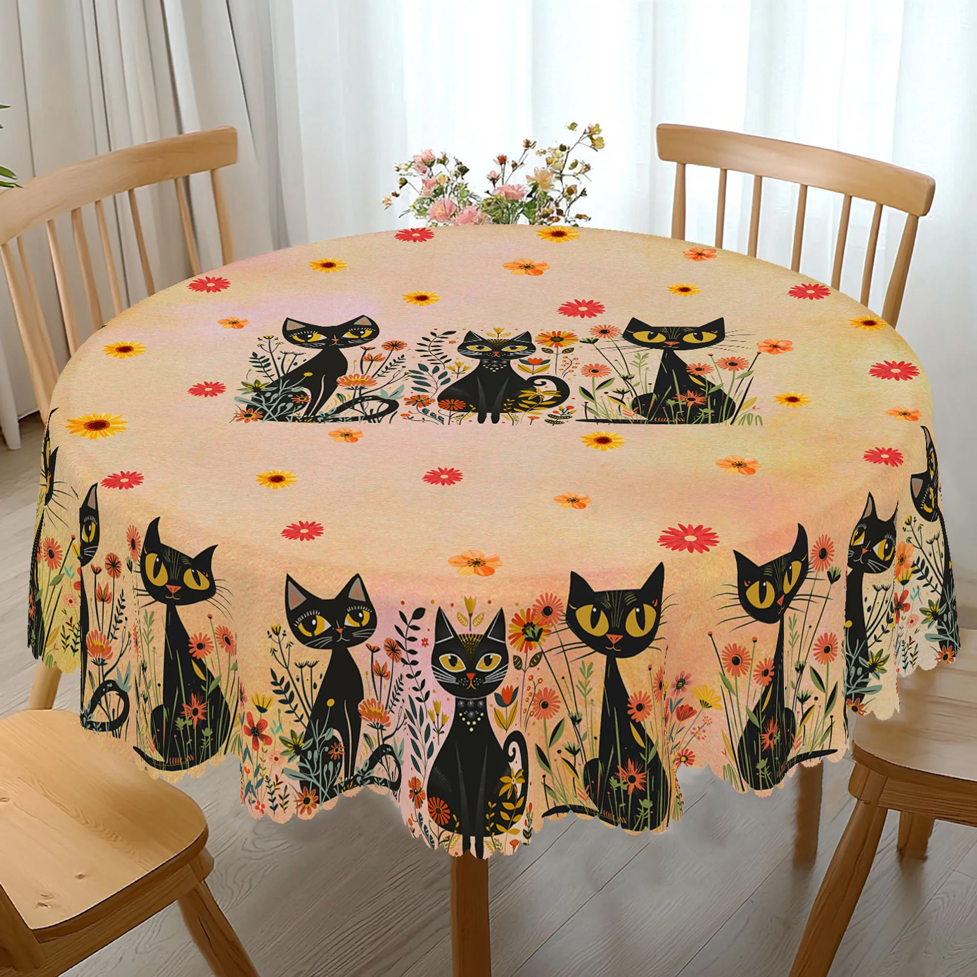 1 Piece of Black Cat Pattern Flower Tablecloth with 4 Self-Adhesive, Chic Folk Art Home Decoration Party Supplies, Polyester Machine Washable Tablecloth, Edge Embossing, Suitable for Party Cafe Restaurant Home Interior and Outdoor Decoration