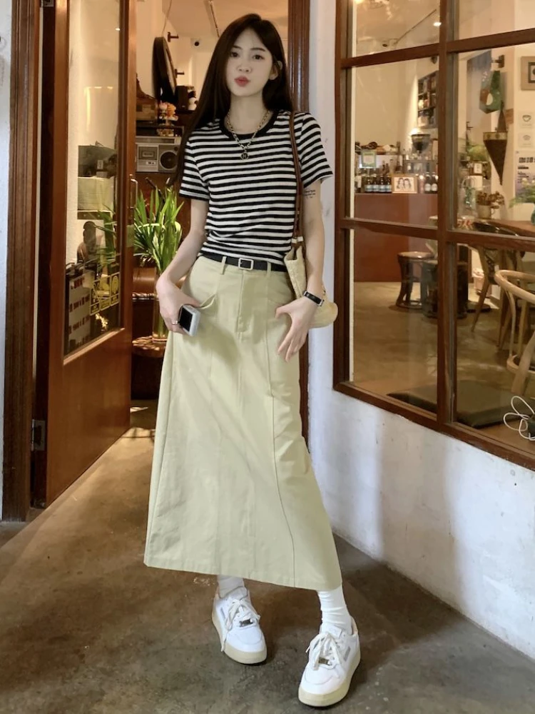 

Sets Women Vintage Striped Slim Sweet Short-sleeve Tops A-line Skirts Preppy Midi All-match High Waist Age-reducing Korean Style