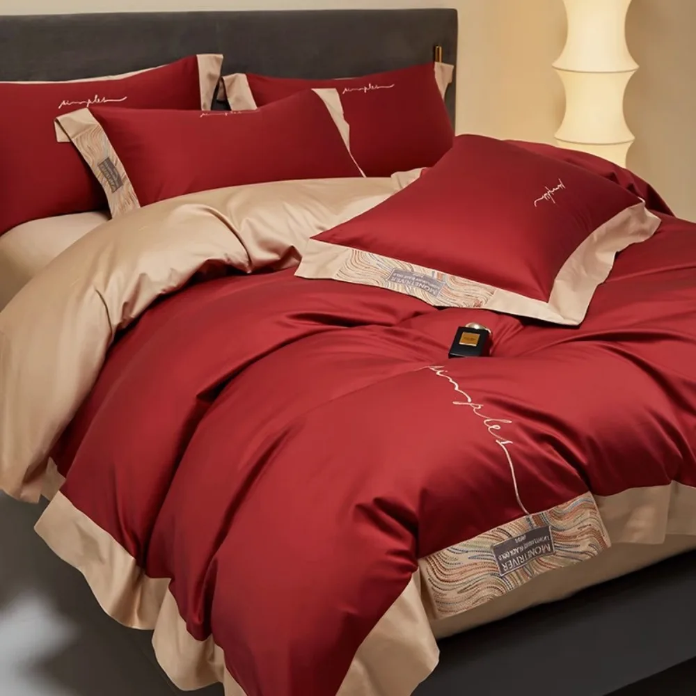 Light Luxury High-end Sense Red Wedding Simple High-end Four-piece Set S100 Cotton Quilt Cover Sheet Pillowcase Bedding Set