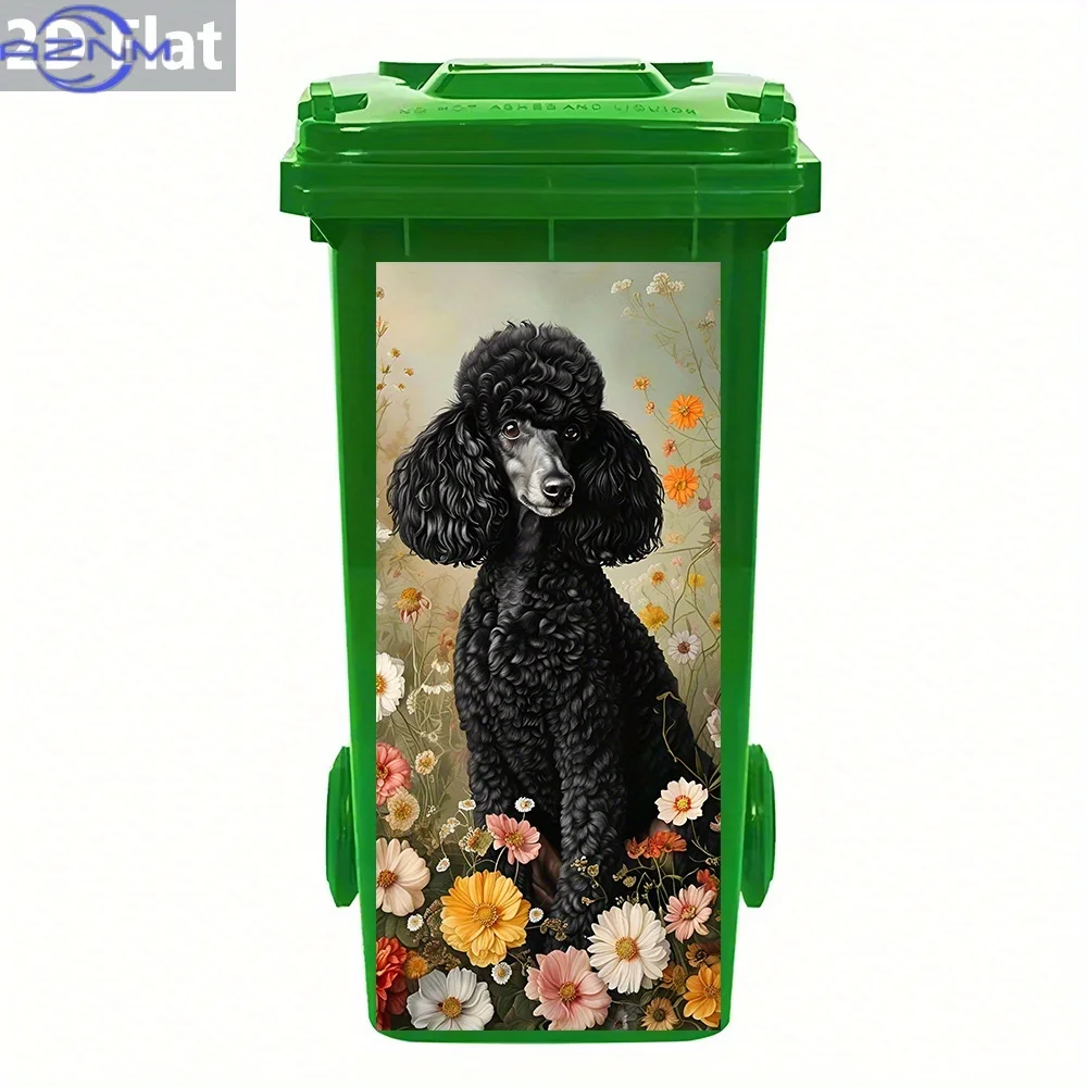 1pc of a 2D Flat Black Poodle Sticker Featuring Flowers, Designed for Use on a Trash Bin. It Is Self-Adhesive And Waterproof,