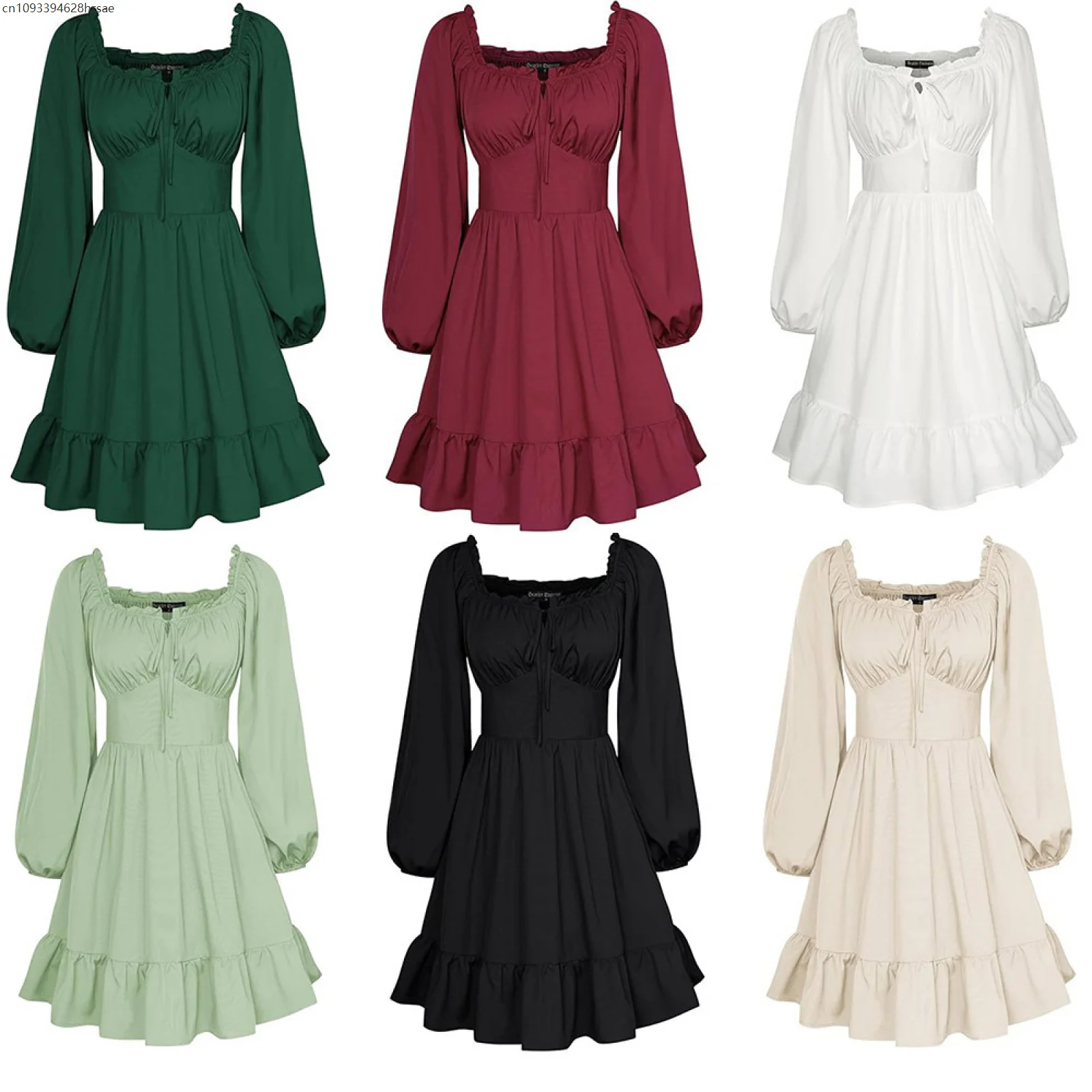 

Women Vintage Renaissance Dresses Lace Up Ruffled Hem Short Sleeve Square Neck A-Line Dress Medieval Costume Halloween Dress