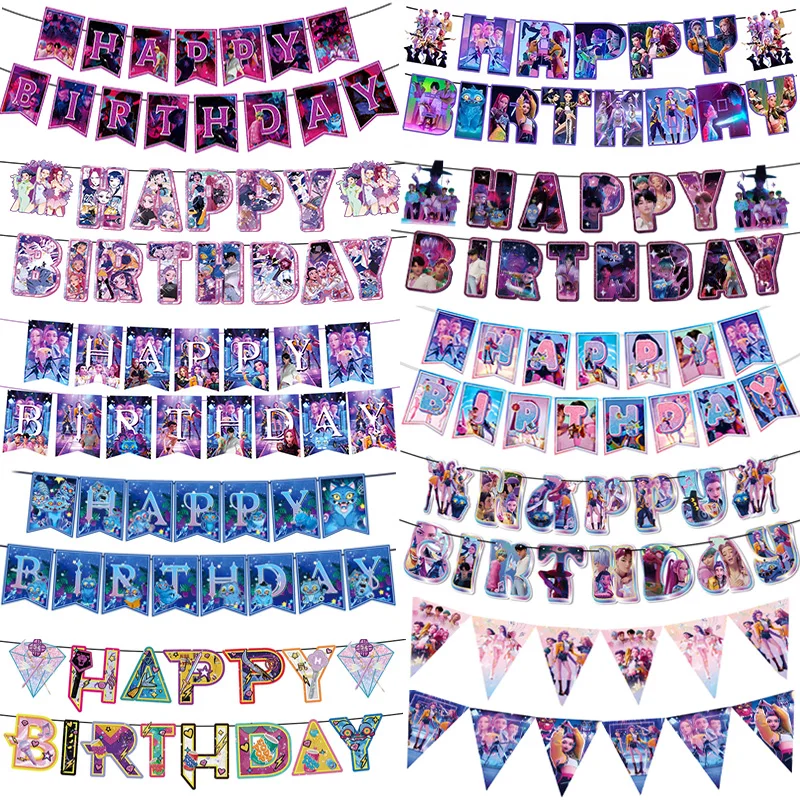 KpopDemon chasseurs drapeaux d'anniversaire fête toile de fond décoration suspendus fanion bannière enfant faveur bébé douche événement fête accessoire Supplie