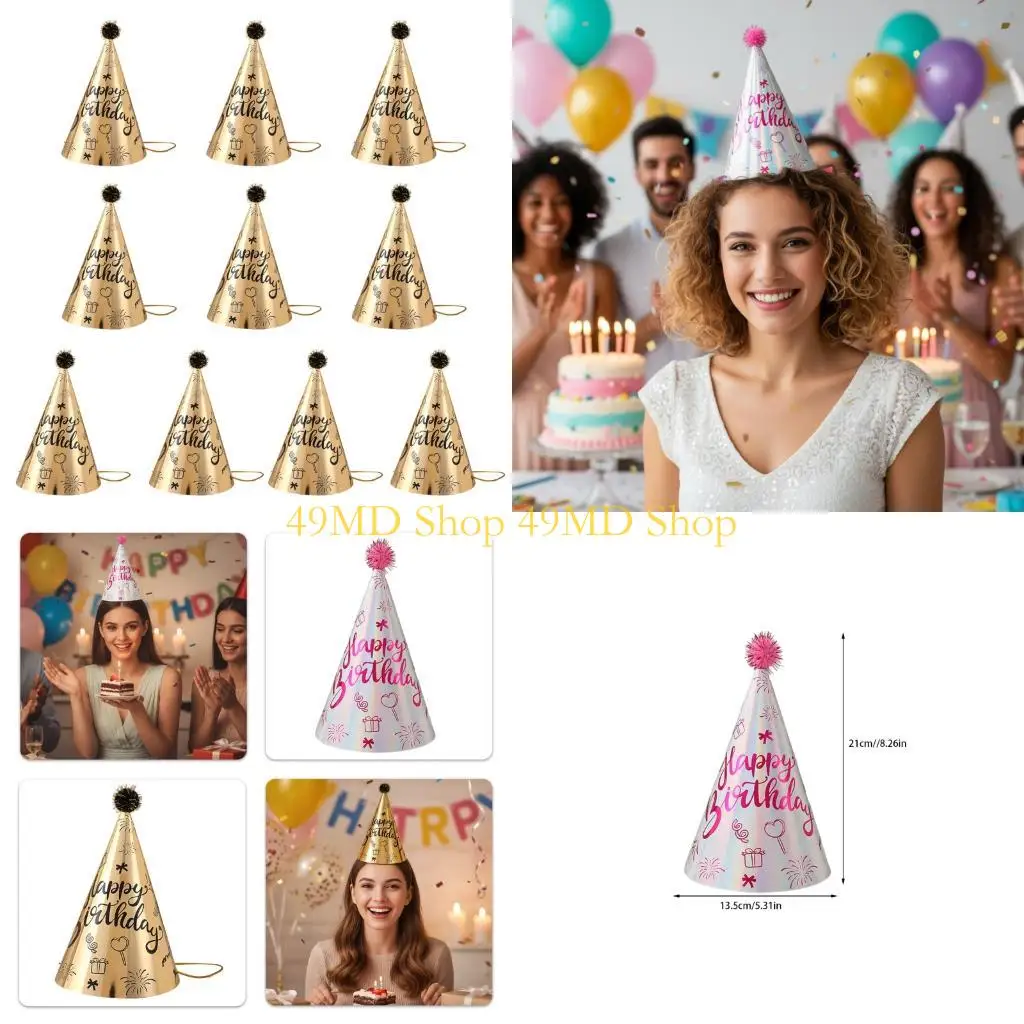 

49MD Pack of 10pcs Foil Conical Party Headwear Birthday Hat With Secure Pom For Birthdays Family Activity