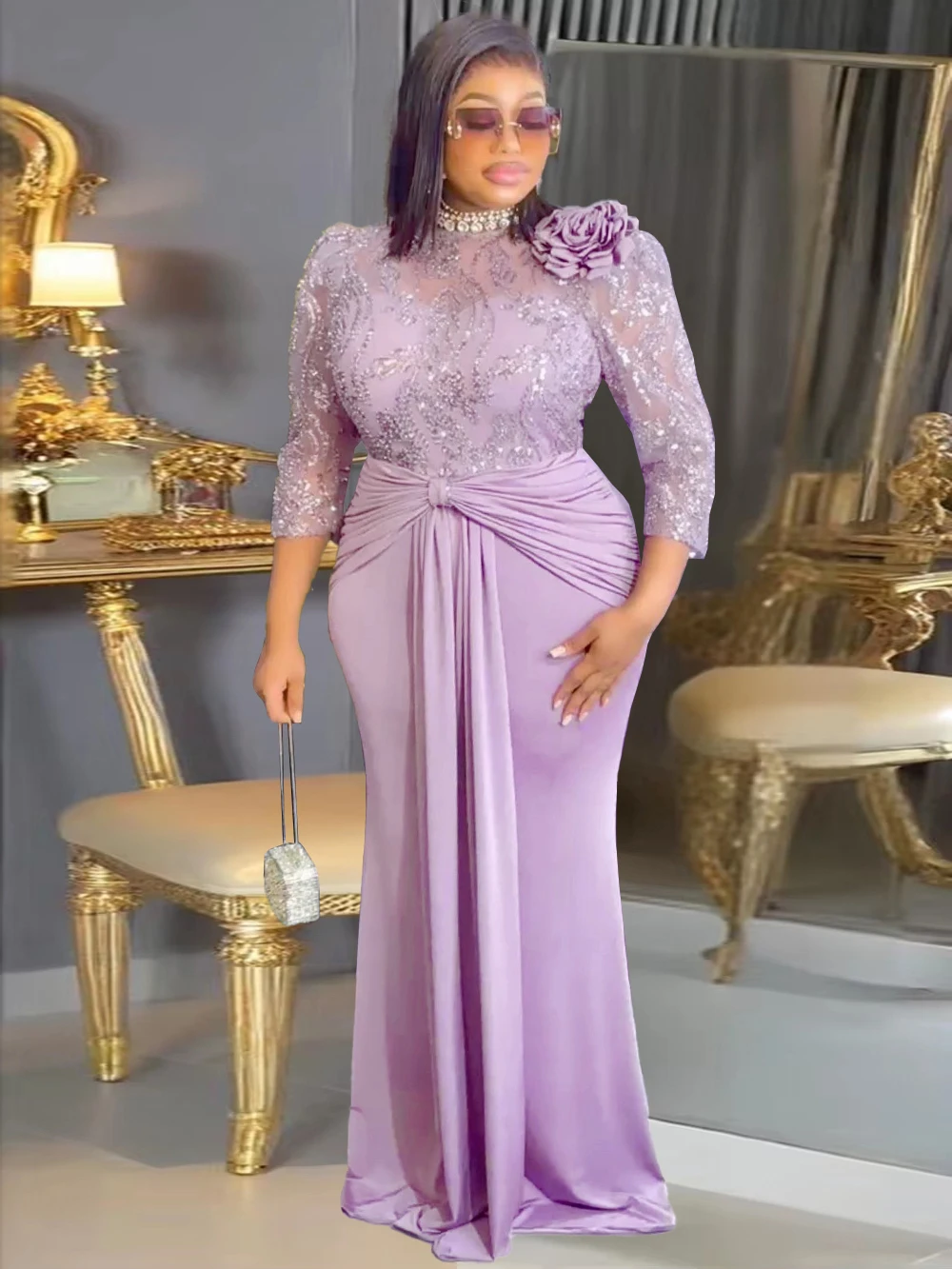 Elegante Frauen Luxus Party Kleider Pailletten Plissee Meerjungfrau Kleid Hochzeit Prom Geburtstag Abendessen Langes Kleid Damen Afrika Kleidung