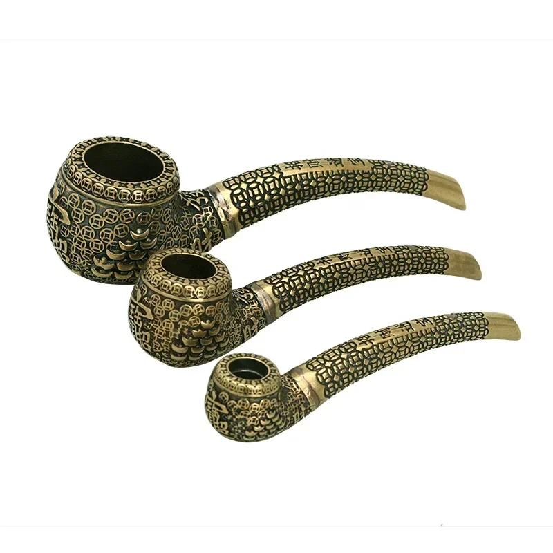 Retro Pure Copper Pipe Miniatures Antique Chinese Carved Brass Smoking Gun Pipe Tobacco Home Office Desk Decor Crafts Ornaments