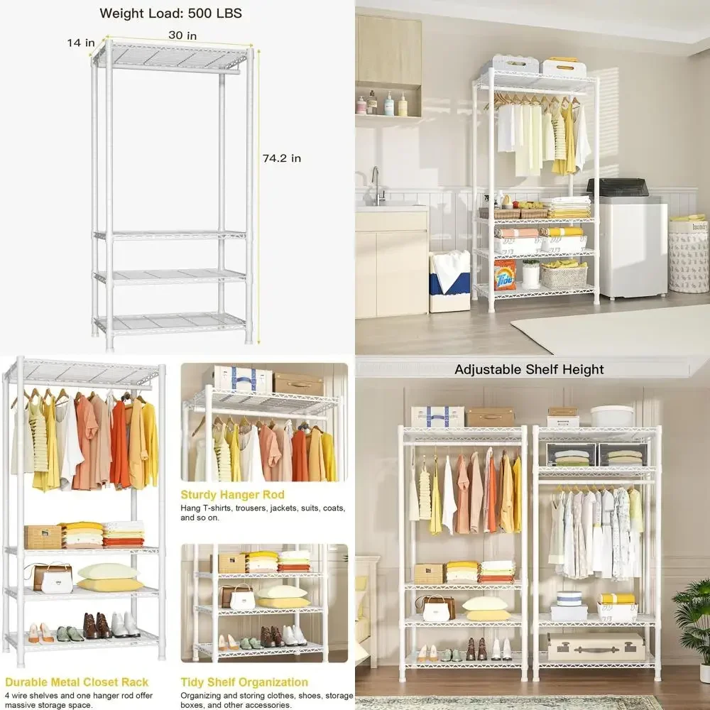 

4-Tier Portable Wardrobe Rack for Small Spaces and Corners, White, Up to 500 lbs
