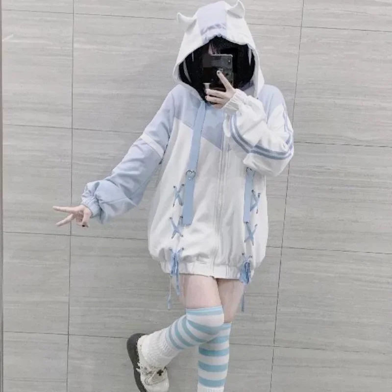 

Hooded Sudaderas Japanese Preppy Style Loose Zipper Women Bandage Sweatshirts Sweet Harajuku Tops Y2k Blue White Coats