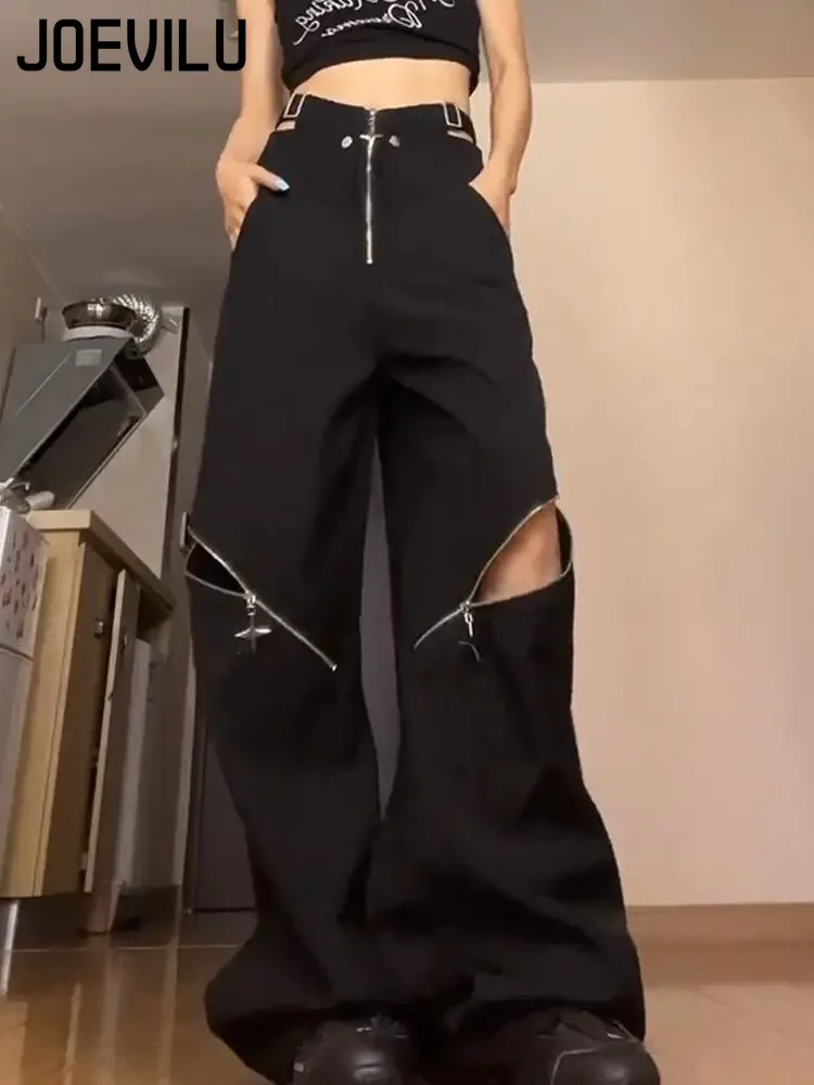 Americano retro high street coringa buraco calças de carga feminina 2025 novo oversized preto y2k calças largas perna calças moletom