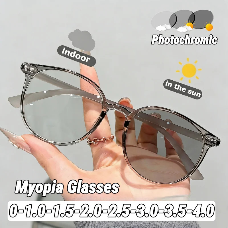

Unisex Full-Frame Vintage Studs Photochromic Myopia Glasses Oversized Round Outdoor Turn Grey Lenses UV Protection Eyewear