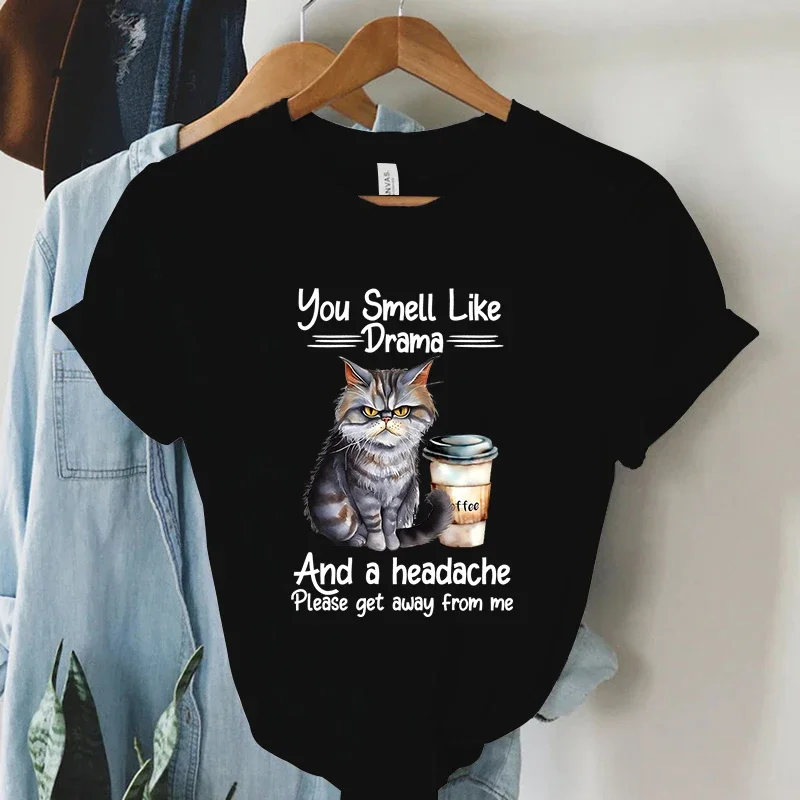 Coffee Cat T Shirt Fashion Casual Tee Shirt Female Black Cat Graphic T Shirt New Spoof Women Clothing High Street Camiseta Mujer