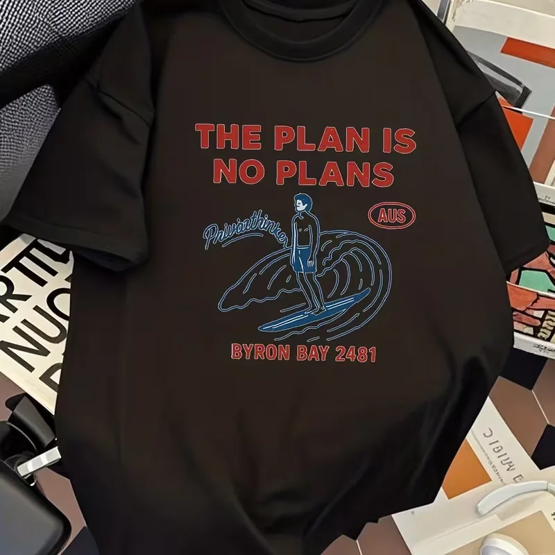 The Plan Is No Plans Byron Bay Surf Graphic T-Shirt, Australian Summer Surfing Print Top for Men Women, Relaxed Fit Daily Wear