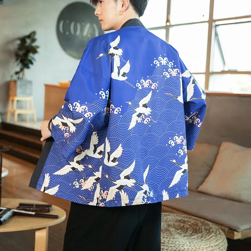 

New 2022 Kimono Cardigan With Crane Chinese Style Taoist Robe Men Hanfu Fashionable Japanese Streetwear Vintage Oriental Costume