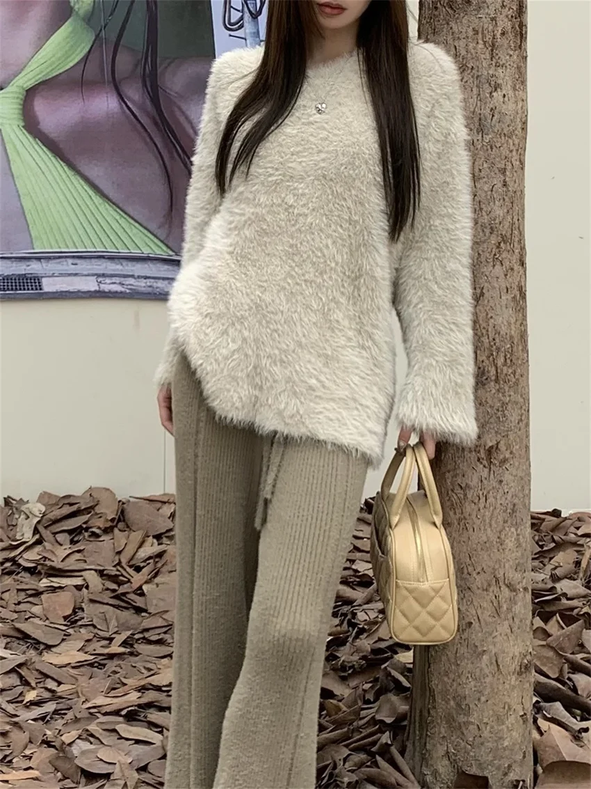 PLAMTEE Khaki Women Loose Sweaters Chic Soft Casual Solid Knitted Gentle Tassel Flare Pants Office Lady Elegant Winter OL