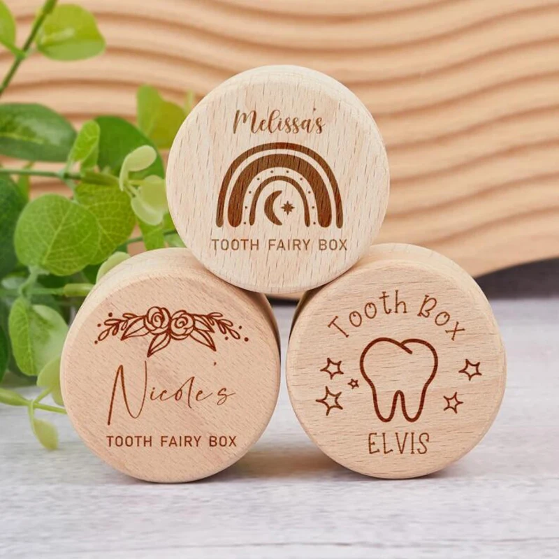 Personalized Baby Tooth Box Milk Teeth Storage Collect Baby Birthday Gift Round Wooden Tooth Fairy Box Gifts For Boys & Girls