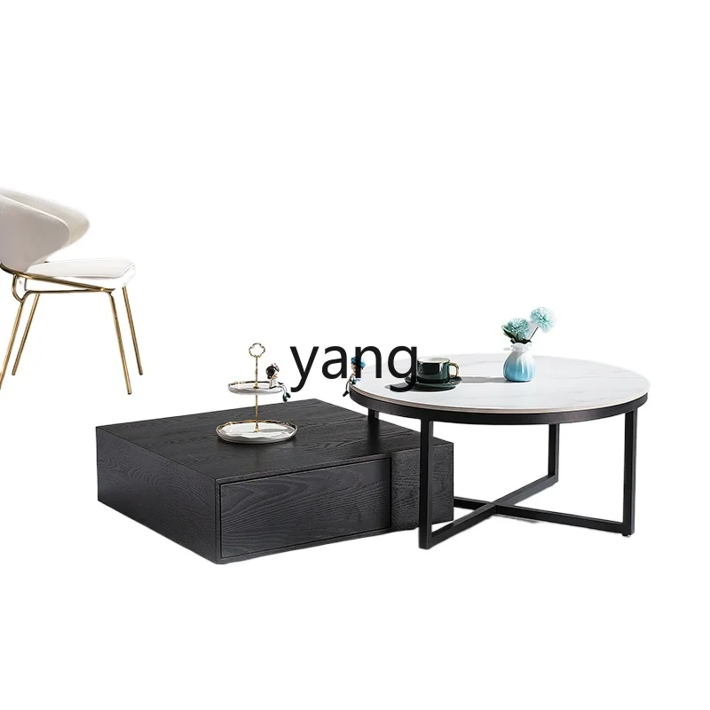 

LH minimalist rock slab round coffee table TV cabinet small apartment living room size round edge table combination