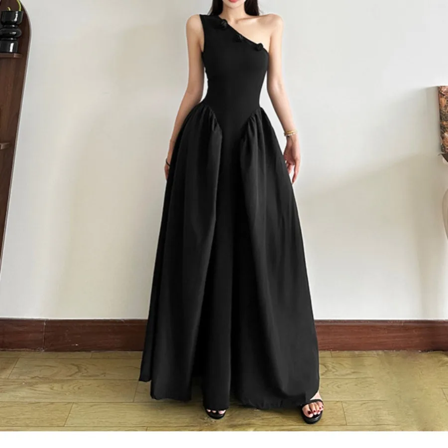 

【New style】Stock women's clothes new fashionable hanging neck oblique collar three-dimensional flower slim girl dress