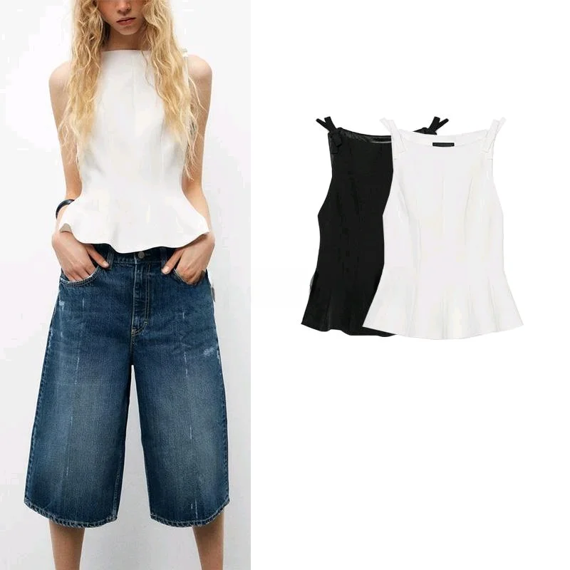 Primavera nuevo estilo Casual de las mujeres cuello redondo sin mangas cuello barco Falda corta csa decoración de nudo de ...