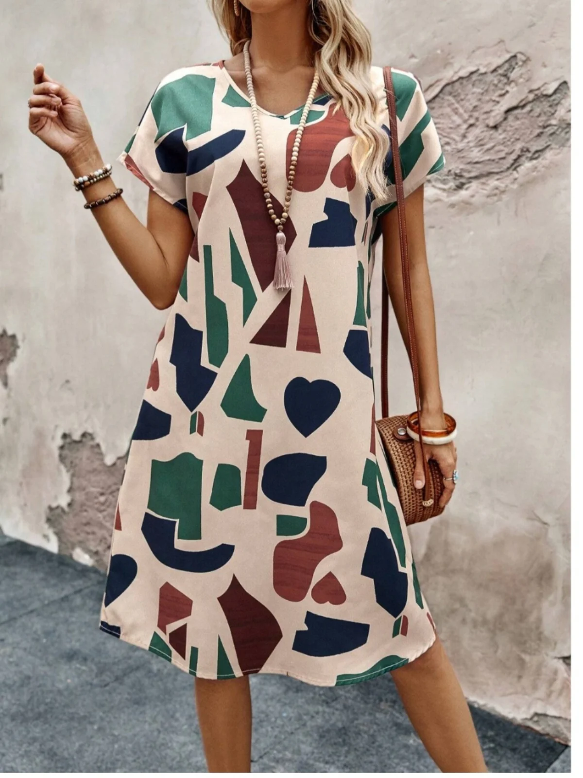 Sommer New Faion V-Ne Asymmetrischer Druck Lose A-Linie ort Sve Dr Damen Dr Polyesterfaser Weicher Stoff Geometrisch...