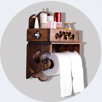 

Solid Wood Paper Towel Rack Roll Holder Vintage Bathroom Tissue Box Mobile Phone Cosmetics Shelf Toilet Handmade