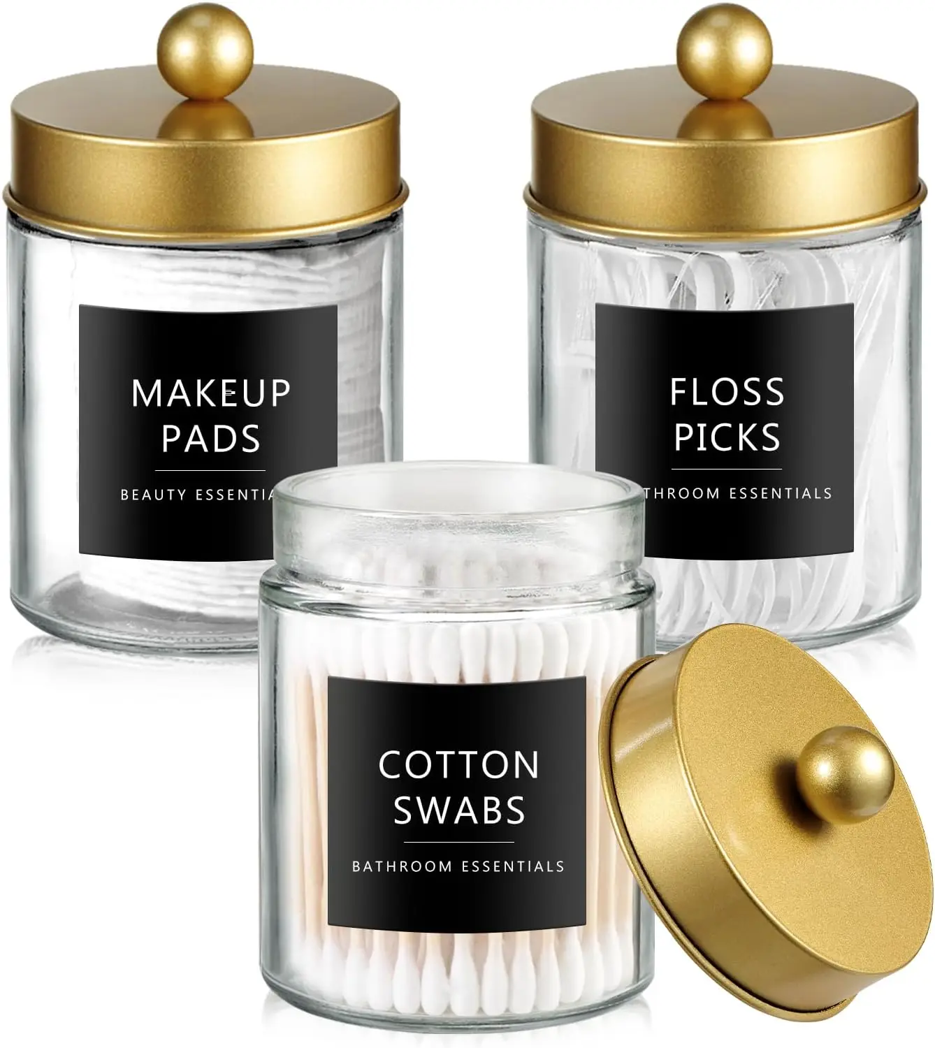 

3pcs Glass Apothecary Jars with Stainless Steel Lids, Countertop Storage for Cotton Swabs, Balls, Floss Picks - Gold