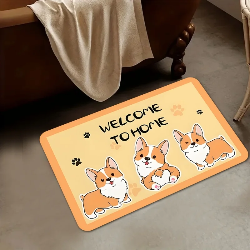 Cartoon Corgi WELCOME Print Doormat Non Slip Entrance Rug Bathroom Kitchen Floor Mat Home Decor