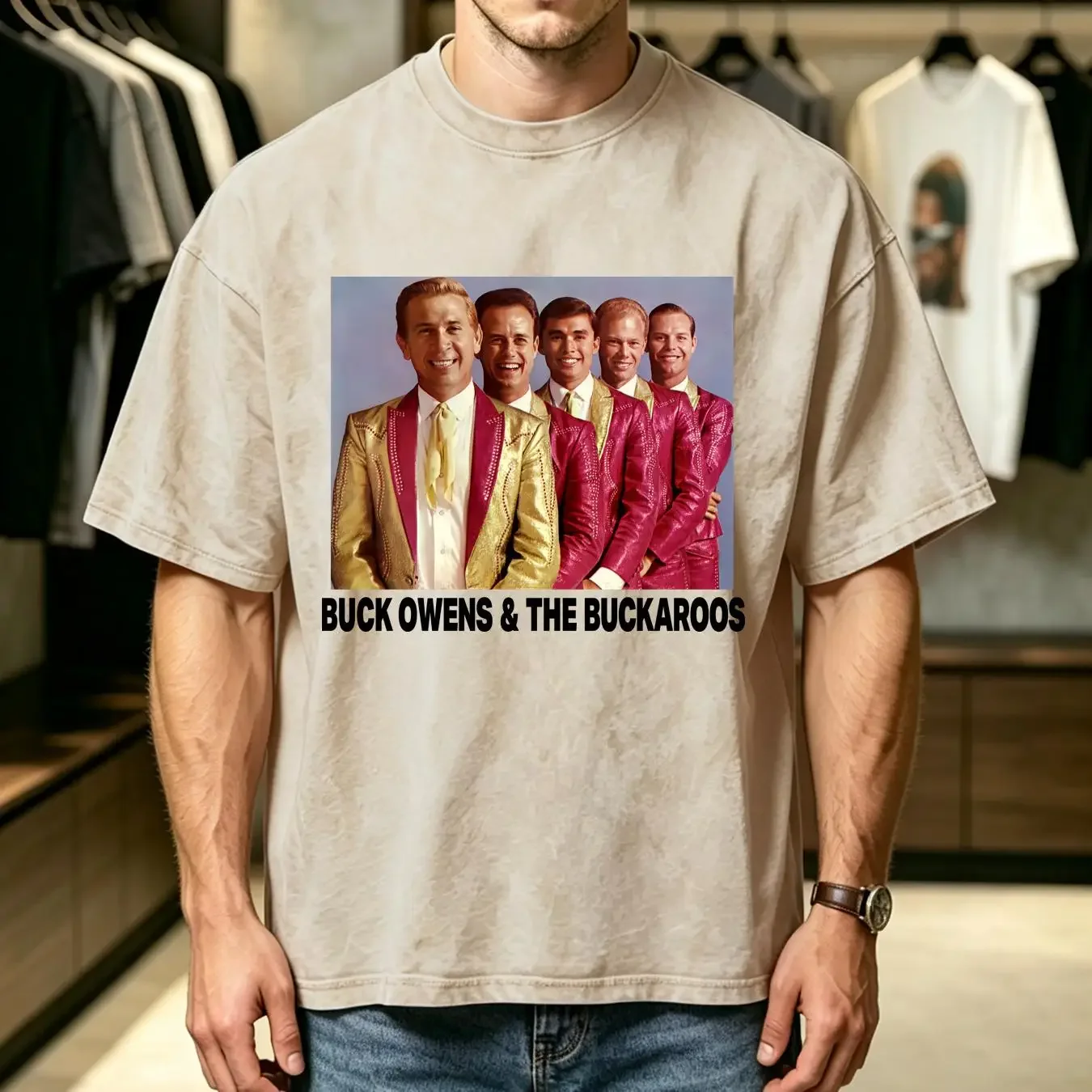washed T Shirt BUCK OWENS THE BUCKAROOS RETRO COUNTRY MUSIC GRAND OLE OPRY WHITE vintage Washed streetwear Stretched Breathable
