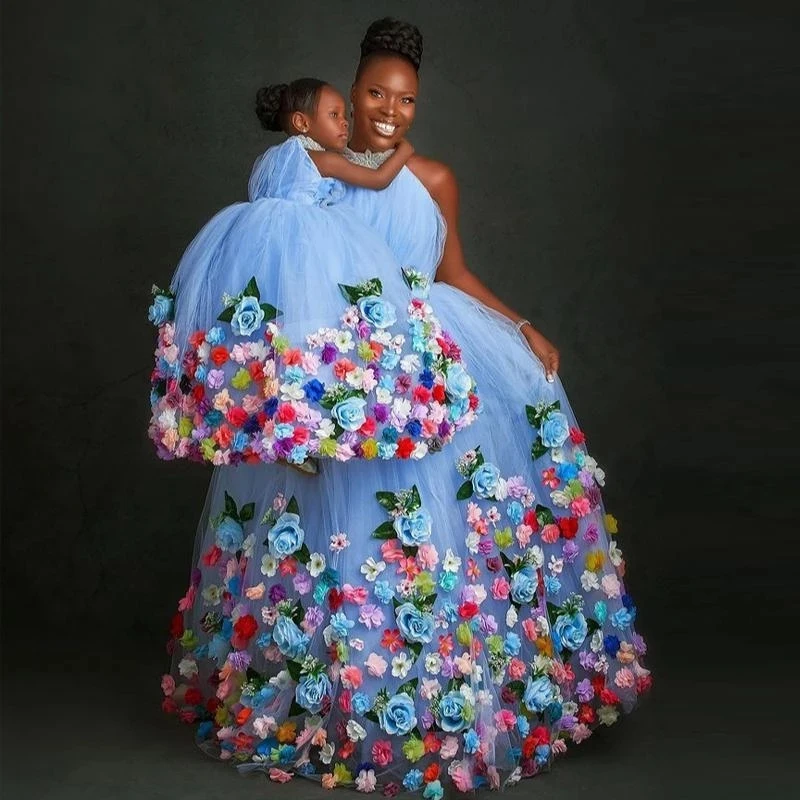 African Sky Blue Floral Tulle Ball Gowns Halter Beaded Prom Gowns Colorful 3D Flower Garden Formal Party Dresses