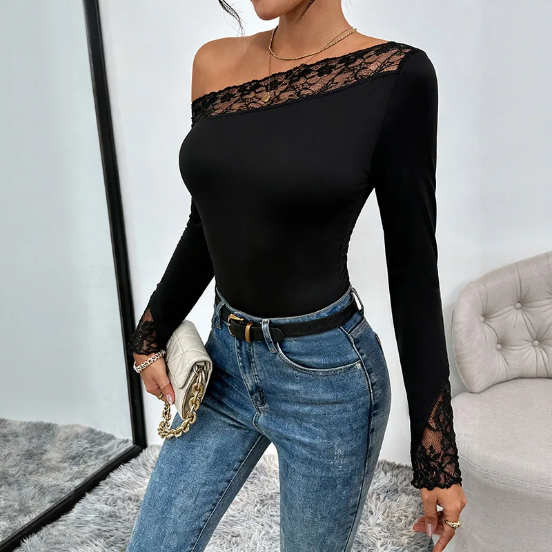

2025 Autumn New Elegant Sexy Style Slim Lace Single Shoulder Off-the-shoulder Black European and American Onesie