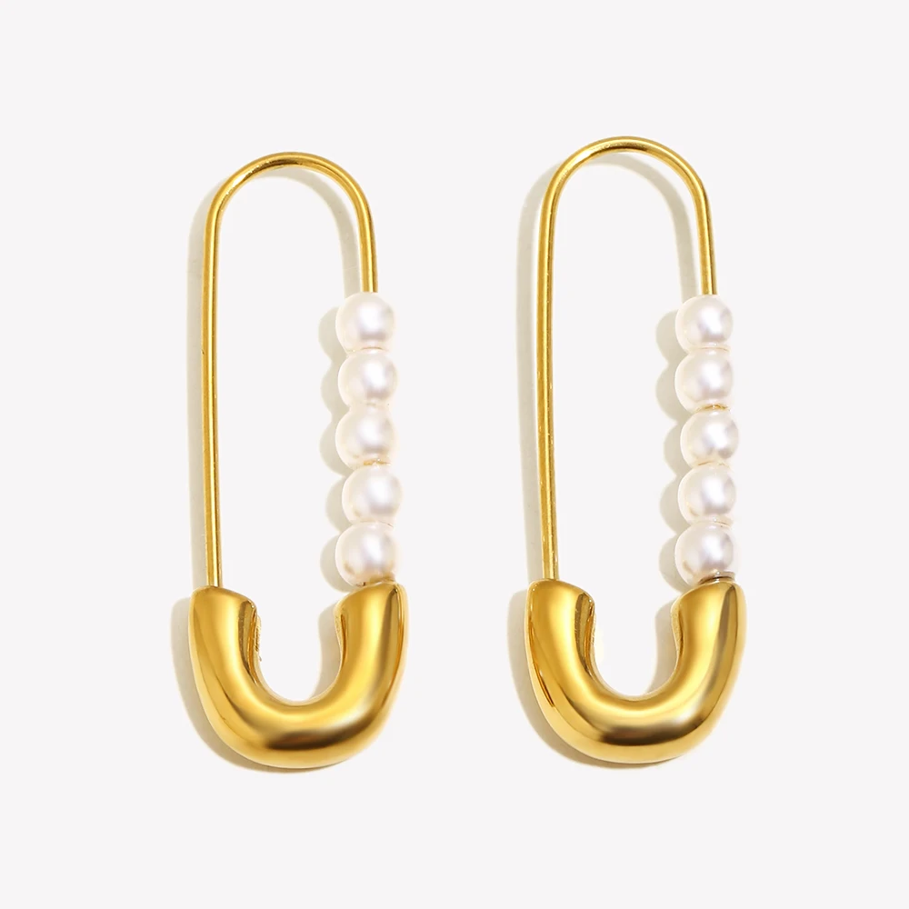 E B belle Official Store Stainless Steel Jewelry Dainty Safety Pin Pearl Earring For Girl 18k Gold Plated Fashion Earring