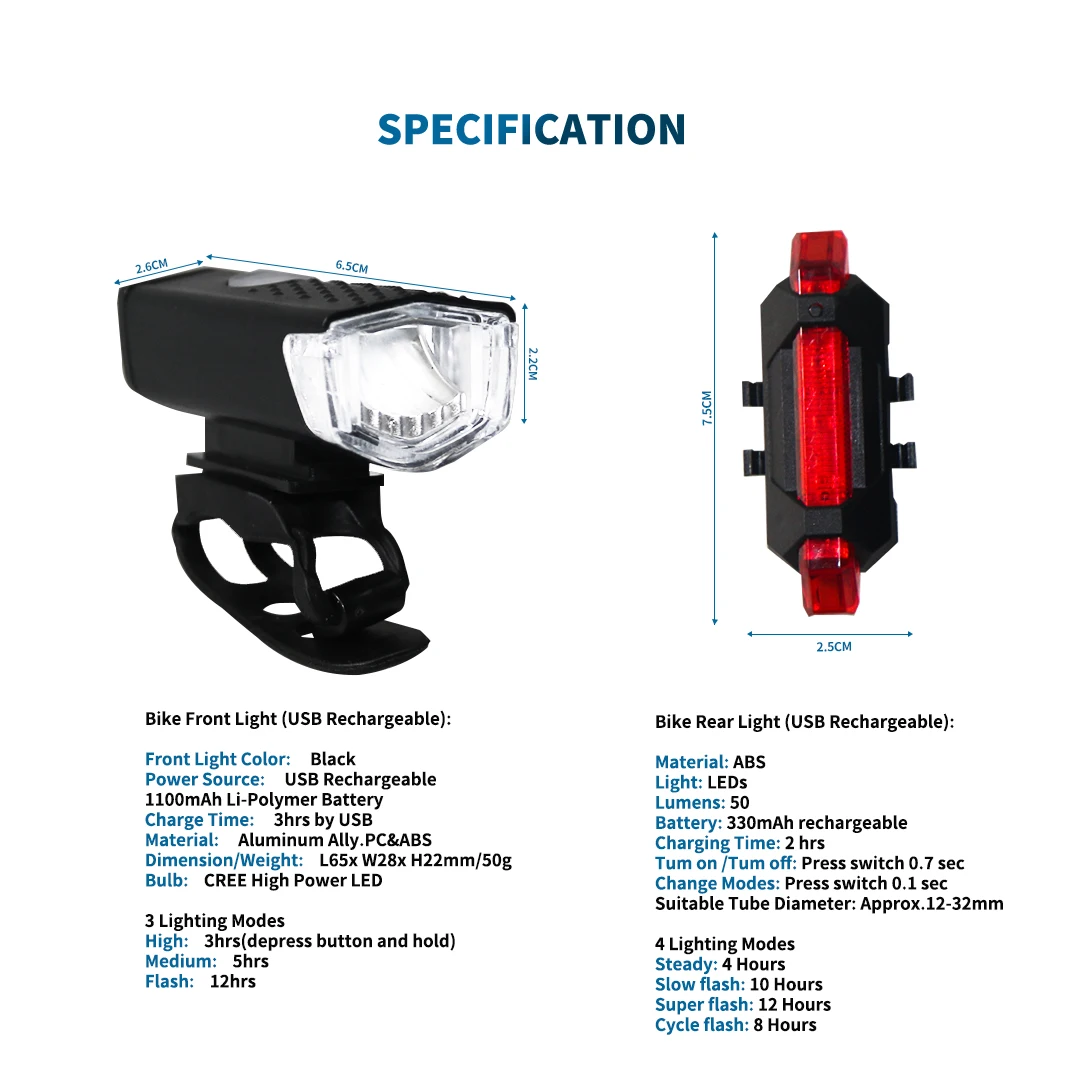 Bicycle Light USB Rechargeable Front Rear Light Set LED Waterproof Multi-mode Easy Install Headlight Taillight Bike Accessories