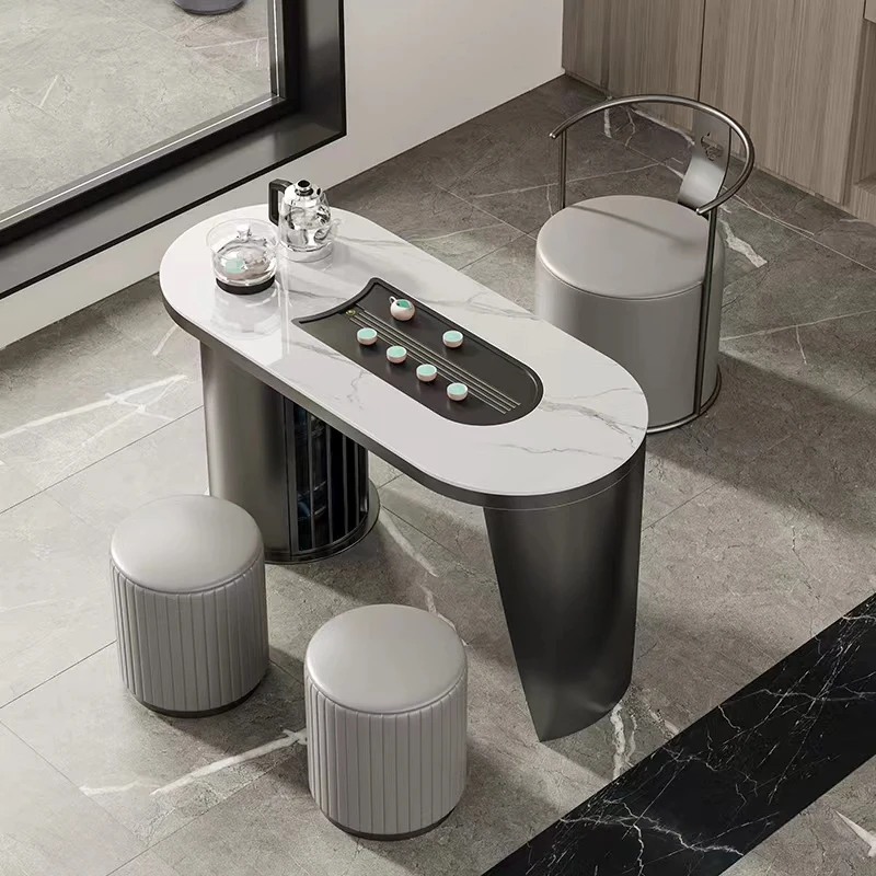 Simple small balcony rock slab tea table tea chair combination, boiling water and making tea integrated stainless steel