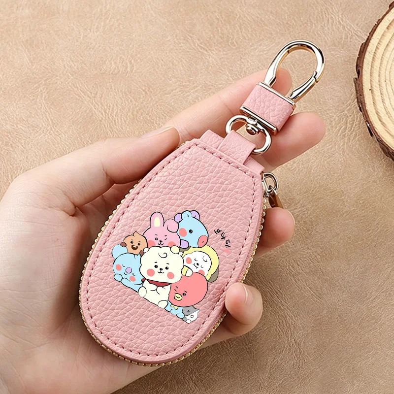 Estuche para Llaves de Coche de Cuero PU BT21, Organizador de Bolsillo, Funda Protectora, COOKY TATA Kawaii, Diseño de Dibujos Animados, Gran Capacidad, con Cierre