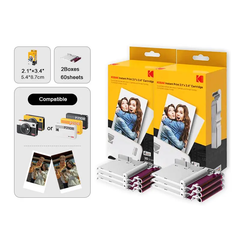 Kodak 4PASS Real Photo 2/3/4inch Laminate Process Cartridge, All-in-One Paper and Color Ribbon Refill-Compatible Photo Paper