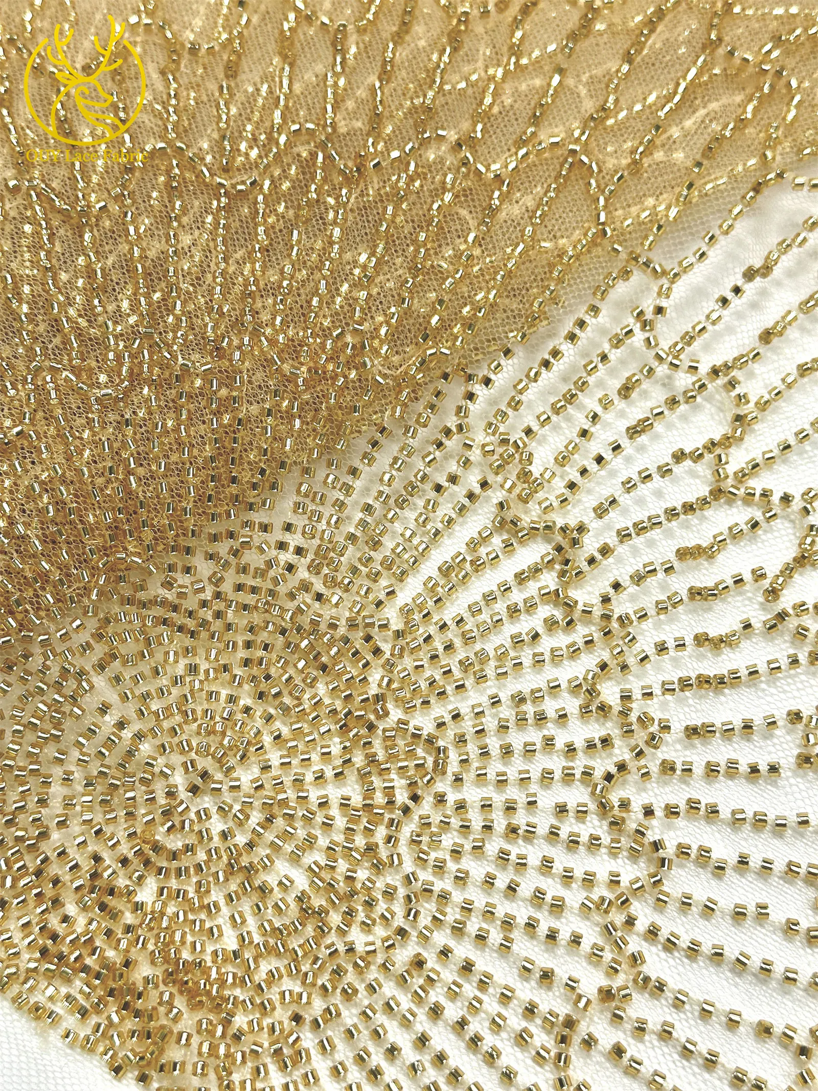 Luxuriöser afrikanischer, stark perlenbesetzter Spitzenstoff, goldene nigerianische Perlen-Spitze, französischer Tüll-Spitzenstoff für Brautkleider und Hochzeitskleider zum Nähen – Detail 20