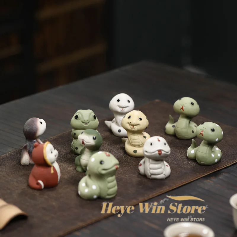 Yixing Purple Clay Tea Pet Snake Ornament, Twelve Different Cute Spirit Snake Sculptures Tea Set Tea Ceremony for Nourishing