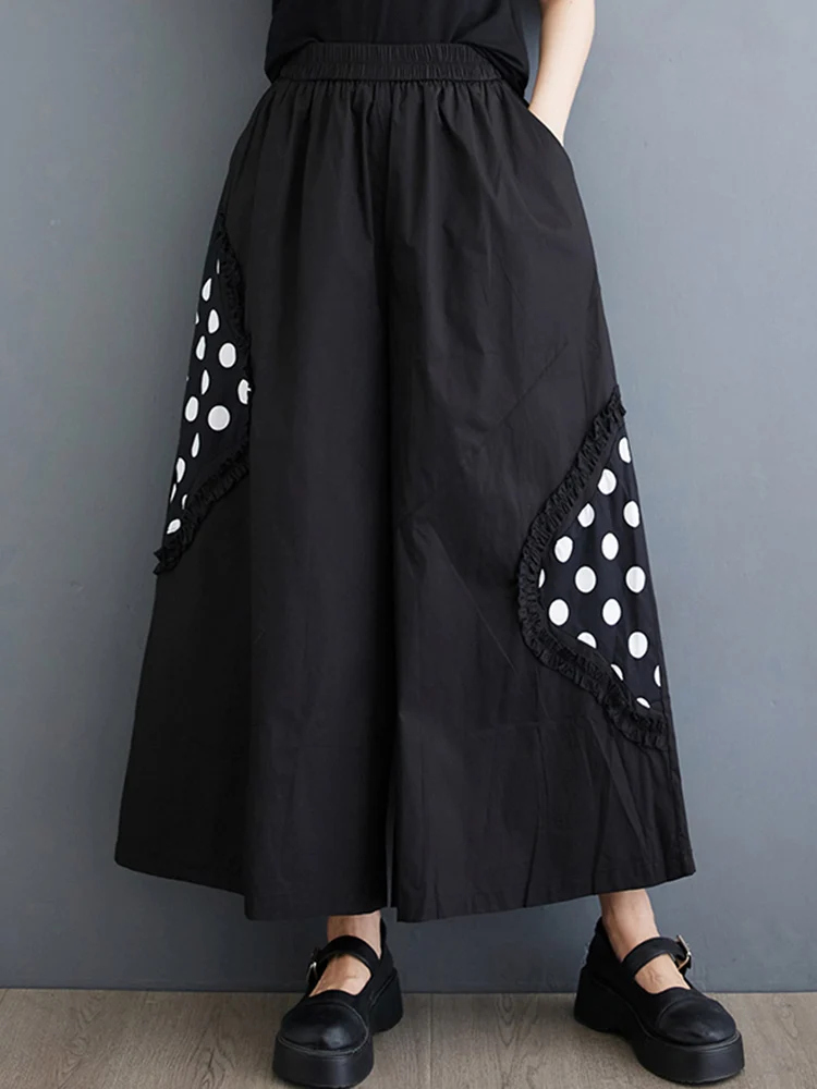 Black Vintage Polka Dot Print High Elastic Waist Wide Leg Pants Women 2024 Summer New Casual Loose Trousers Fashion Streetwear