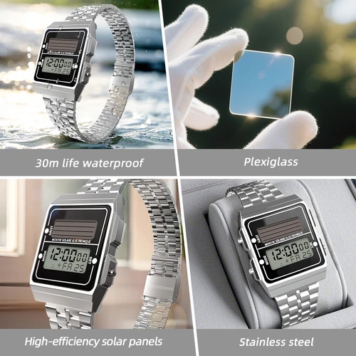 Imagen 2 del producto Reloj Digital Solar para hombre, cronógrafo Retro, correa de acero inoxidable, relojes electrónicos deportivos multifuncionales impermeables
