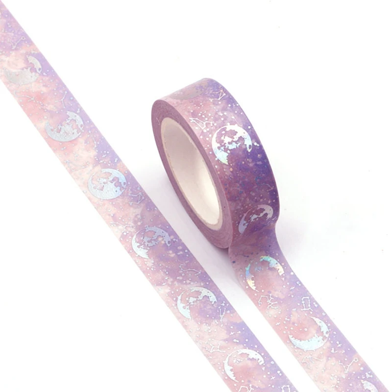 NEW 1PC. 10M Purple Silver Moon Foil Washi Tape DIY Decorative Scrapbooking Planner Adhesive Masking Tape Kawaii Stationery