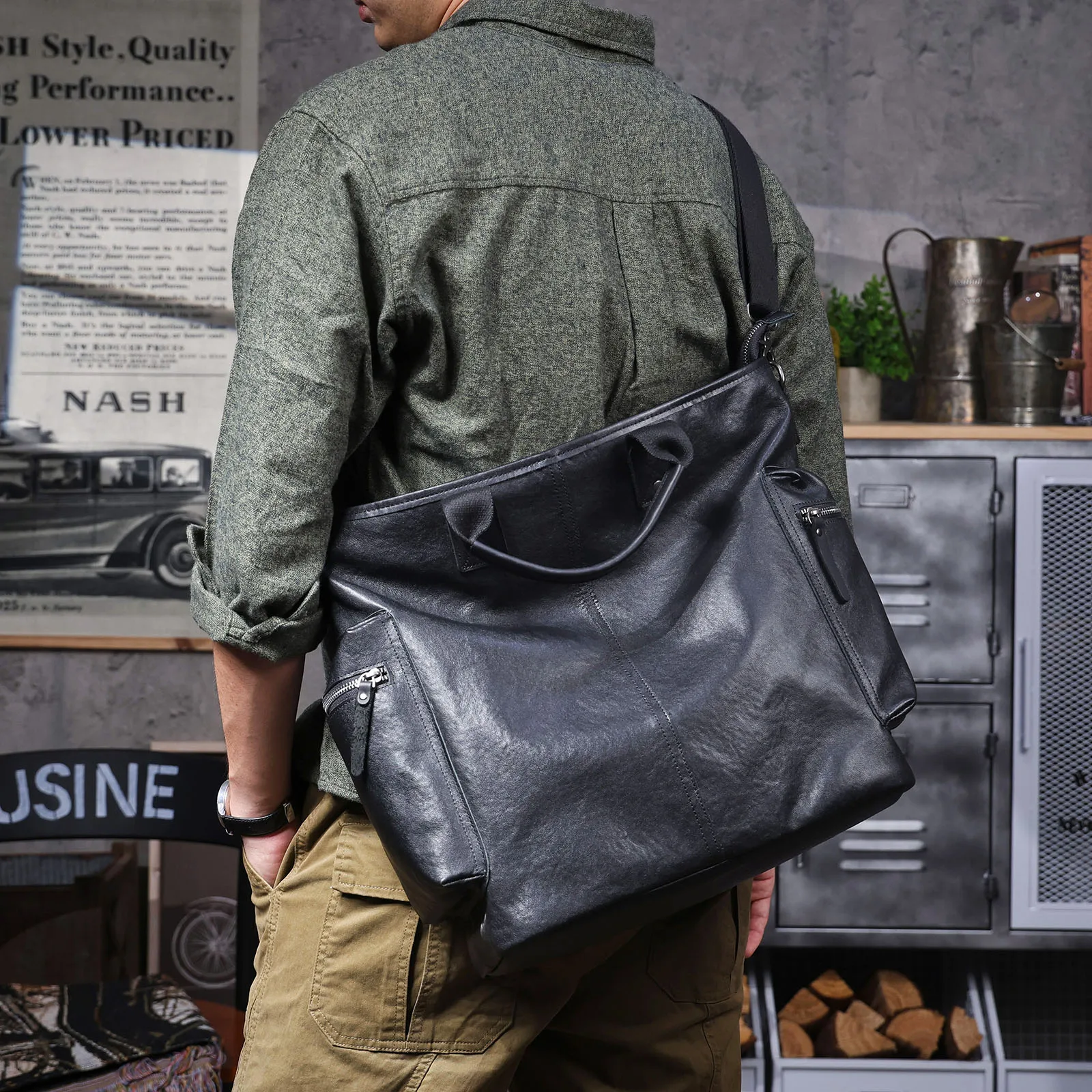 Echtleder Herren-Aktentasche 15 Zoll Laptop-Tasche Einfache Rindsleder-Handtasche Pflanzlich gegerbtes Leder Modischer Casual-Stil – Detail 5