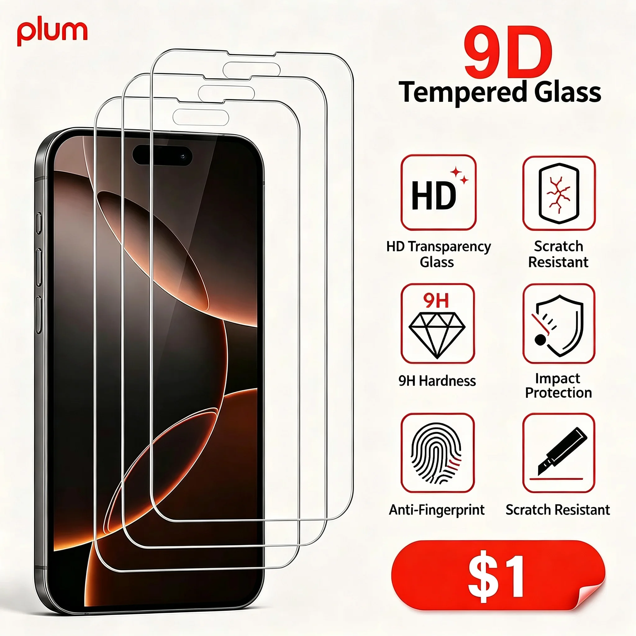 Plum Tempered Glass Film for iPhone 16/16e/16 Plus/16 Pro/16 ProMax Screen Protector Tempered Glass with Mount Protective Film