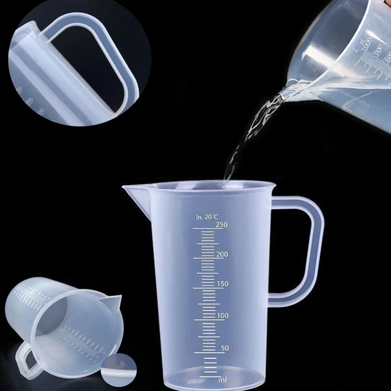 Clear plastic graduated measuring cup, textbook science laboratory beaker scale, capacity 10/25/50/100/150/250/500/1000ml