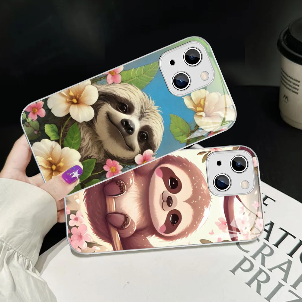 

Cute Sloth Phone Case Tempered Glass For iphone 14 13 12 11 Pro Mini XS MAX 14Plus X XS XR Fundas