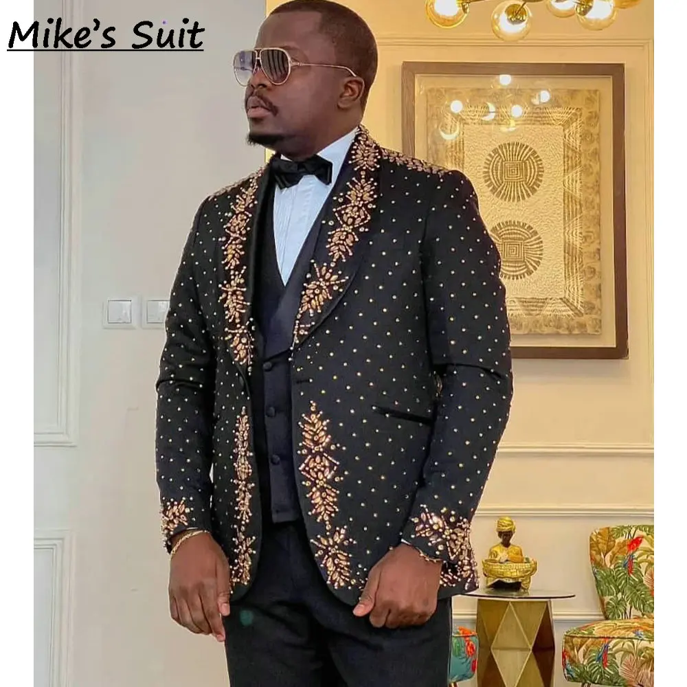 Traje De boda negro, ropa para novio, trajes De hombre con diamantes De cristal dorados, esmoquin Formal, conjunto De dos piezas, Blazer y pantalones, Traje De Novio