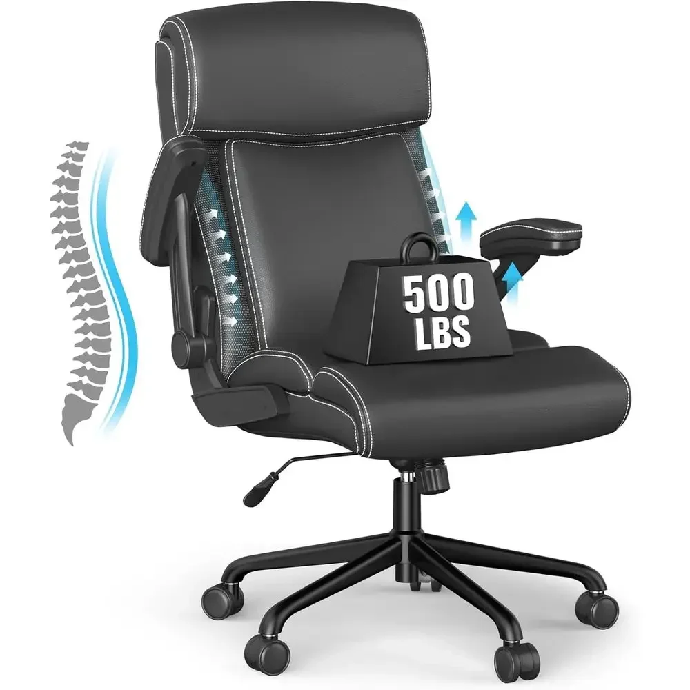 500lb Capacity High Back Leather Office Chair with Adjustable Height and Padded Armrests (Black)